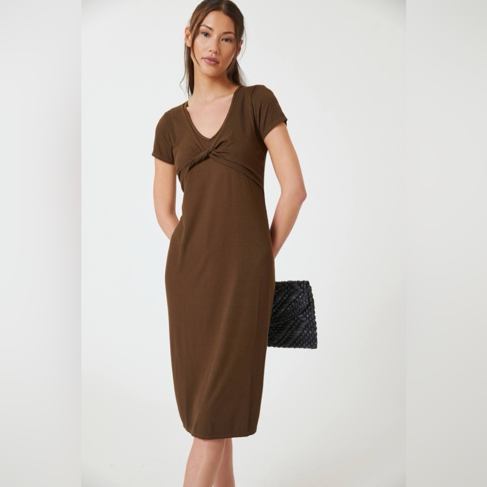 Anthropologie T. La Brown Ribbed Twist-Front Midi Dress Women’s Size Large